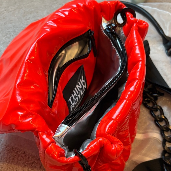 THINK ROYLN Shiny Red Crossbody Bag with Black Strap